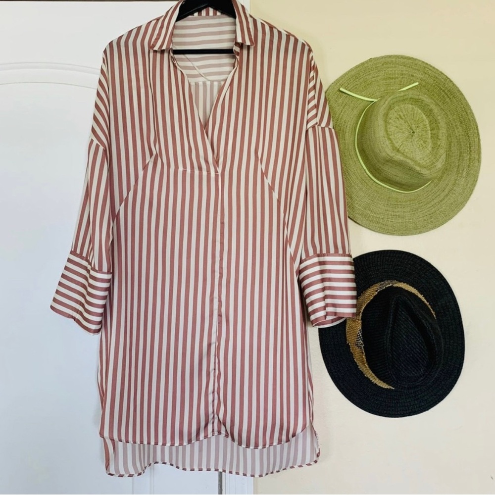 Women’s golden brown and white striped silky shirt dress